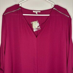 MAURICE'S NEW Women V-Neck Blouse XXL Burgundy Zipper Flowy Roll Tab Sleeve